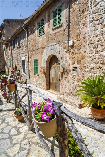 Alley with typical stone houses and flower pots