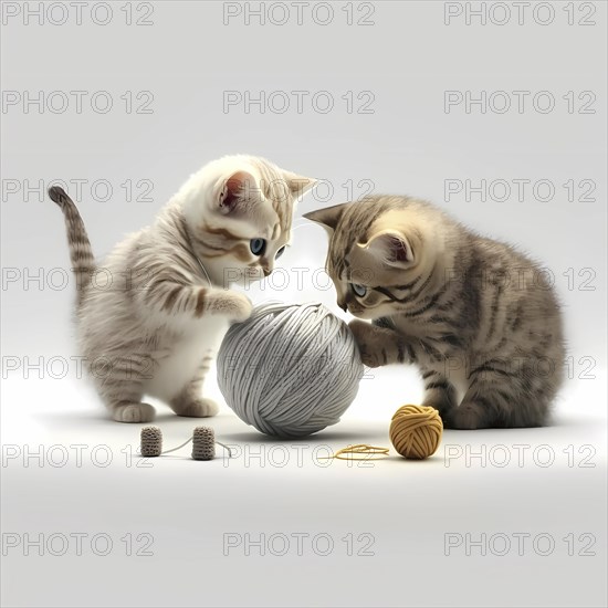 Small domestic cats play with a ball of wool in front of a white background