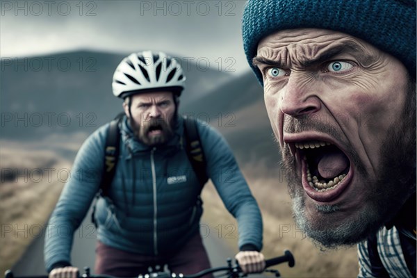 Angry hiker shouting at mountain biker