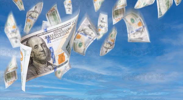 Set of falling or floating $100 bills United States currency