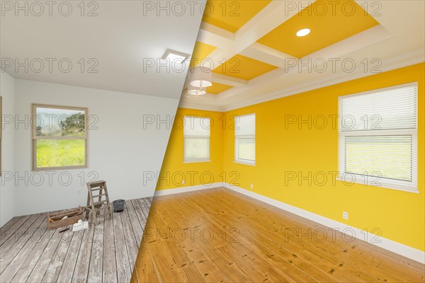 Bold yelllow before and after of master bedroom showing the unfinished and renovation state complete with coffered ceilings and molding