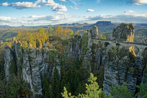 View from the Ferdinandstein to the Bastei Bridge and the rock castle Neurathen