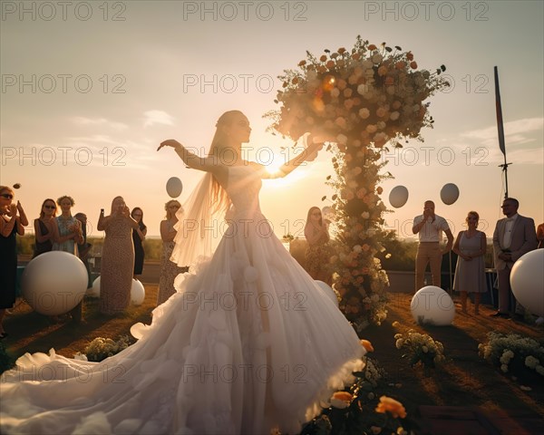 A happy bride in a white wedding dress dances in the warm evening light