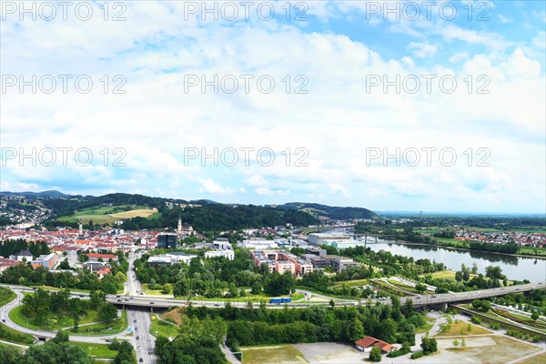 Aerial view of Deggendorf with a view of the historic old town. Deggendorf