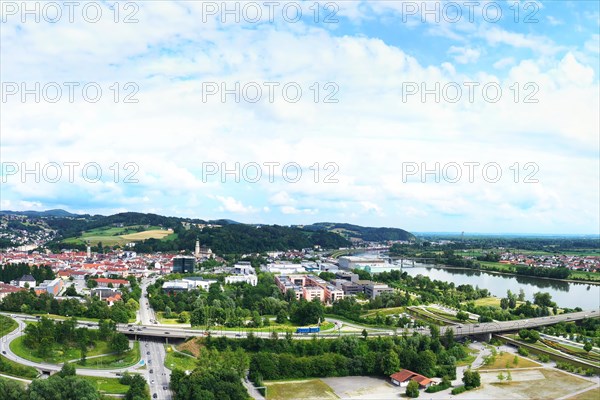 Aerial view of Deggendorf with a view of the historic old town. Deggendorf