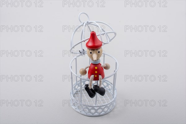 Metal cage and Little puppet pinocchio made of wood