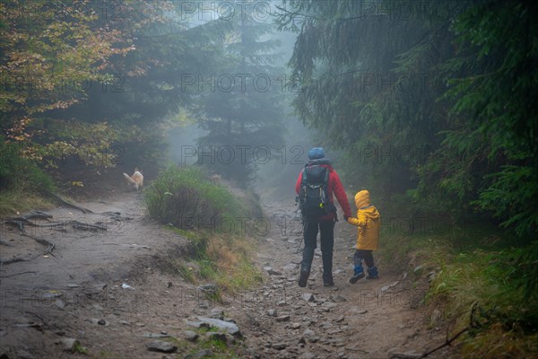 Mum and her little son go on a mountain trail in wet autumn weather. They are accompanied by a dog. Polish mountains