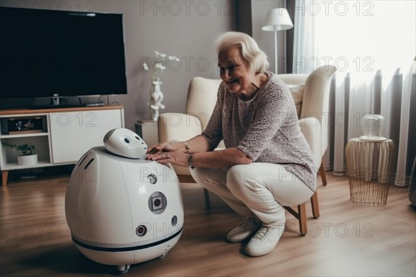 An elderly woman in a retirement home has fun with a nursing robot