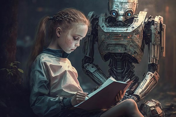 Young girl learning in the presence of artificial intelligence as a humanoid robot
