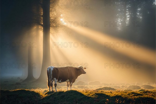 Cow standing in a sun-drenched clearing