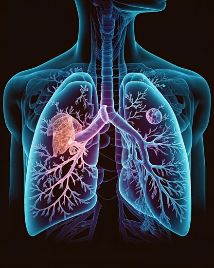 Schematic representation of a lung with bronchi and bronchioles as well as expression of a metastatic lung carcinoma