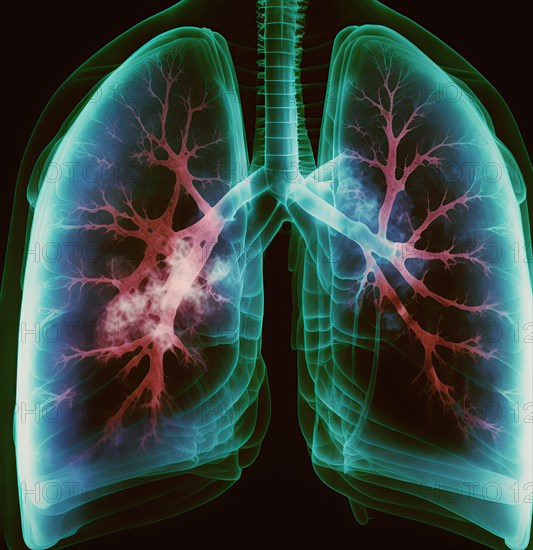 Schematic representation of the X-ray image of the lung with bronchi and bronchioles as well as expression of a metastatic lung carcinoma