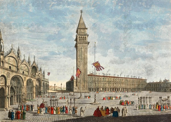 The Great Square or St Marks Square seen from the Great Clock. On the left is the portal of St Marks Church. The magnificent building on the side in front are the Apartments of the Procurators of St Mark