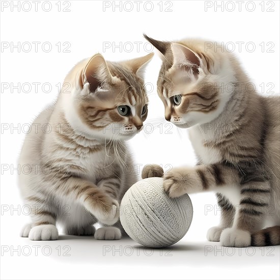 Small domestic cats play with a ball of wool in front of a white background