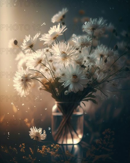 A white bouquet of flowers in a glass vase