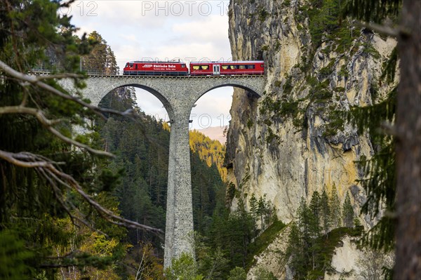 Landwasser Viaduct with train and locomotive