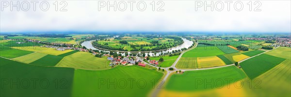 Aerial view of the river bend near Osterhofen with a view of the Danube near Muehlham. Osterhofen