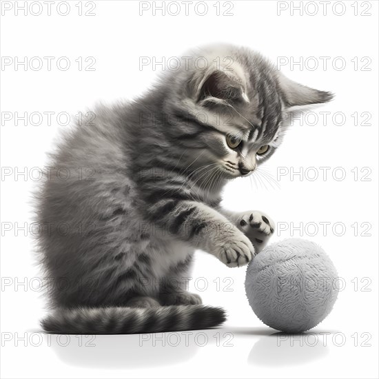 Small domestic cats play with a ball of wool in front of a white background