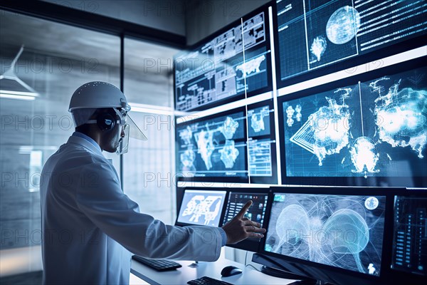 A scientist evaluating complex data on large screens
