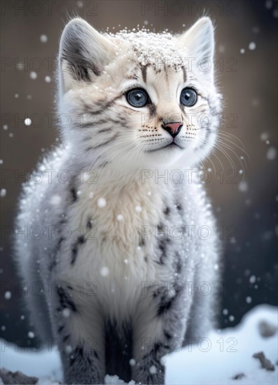 A snow leopard cub frontal view in the snow