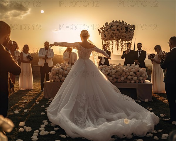 A happy bride in a white wedding dress dances between flower arrangements in the warm evening light