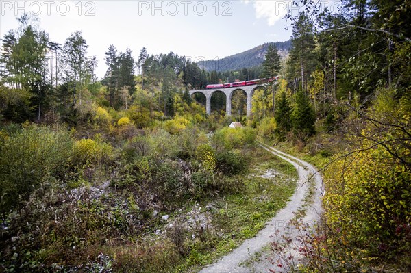 Landwasser Viaduct with train and locomotive