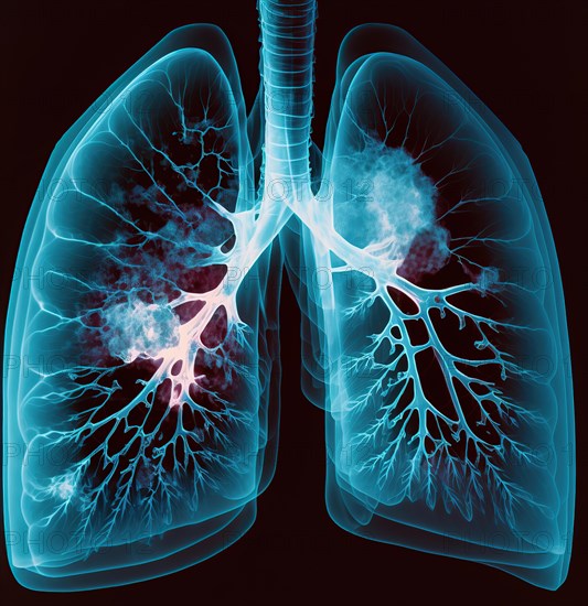 Schematic representation of the X-ray image of the lung with bronchi and bronchioles as well as expression of a metastatic lung carcinoma