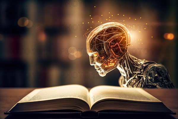 A silver humanoid AI robot stores knowledge from an encyclopaedia in its head