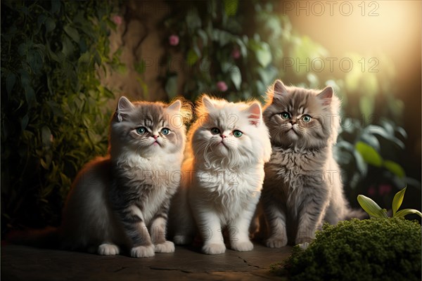 Three furry young cute kittens in a flower garden