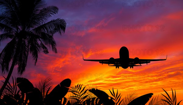 Passenger airplane on approach for landing with beautiful sunset and tropical trees and plants