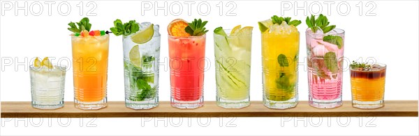 Set of multicolored summer refreshing soft drinks on white background