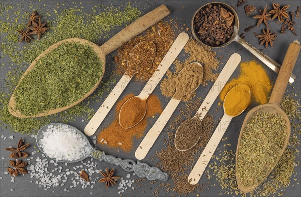 Various spices on different spoons