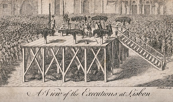 A large crowd surrounds a platform where the victims are tortured with the help of racks and crosses. The victims are Jesuits suffering from the expulsion of their order from Portugal in 1759. One victim is tied to a stake while the other is broken on a cross surrounded by wooden structures on which are the bodies of the tortured victims
