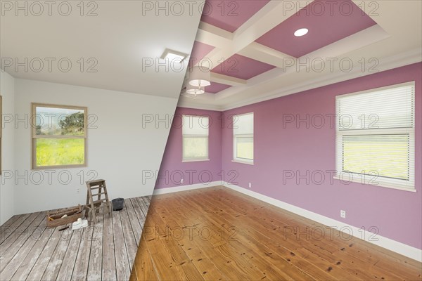 Lilac before and after of master bedroom showing the unfinished and renovation state complete with coffered ceilings and molding