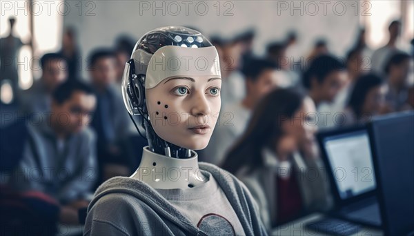 A female humanoid AI robot in a lecture in the back Students at tables