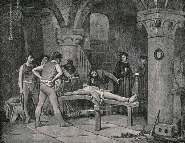 A man dressed in a loincloth is tortured on the rack while a priest bends over him to extract a confession