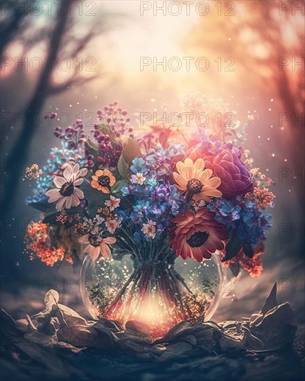 A large bouquet of flowers in a glass vase on the forest floor at sunset