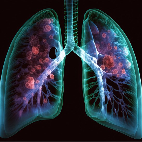 Schematic representation of the X-ray image of the lung with bronchi and bronchioles as well as expression of a metastatic lung carcinoma