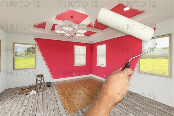 Before and after of man using A paint roller to reveal newly remodeled room with fresh viva magenta paint