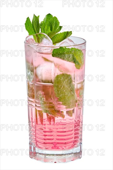 Tall glass of cold mojito with strawberry lemonade isolated on white background