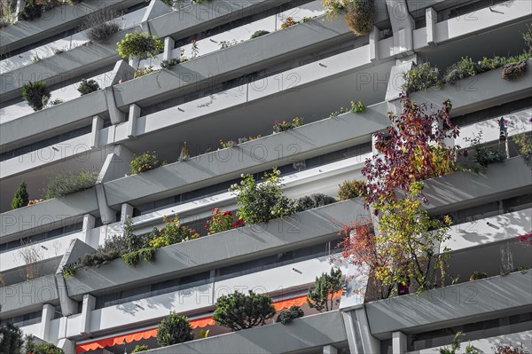 High-rise building with greened concrete balconies in the former Olympic Village