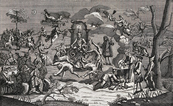 Satan sits on his throne in the middle of a witches sabbath