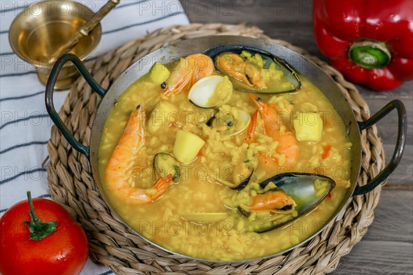 Top view of a typical spanish seafood paella