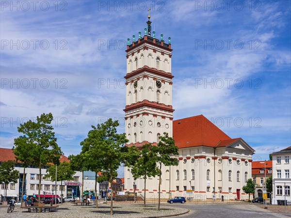 Lively scene in front of the town church on the historic market square of Neustrelitz