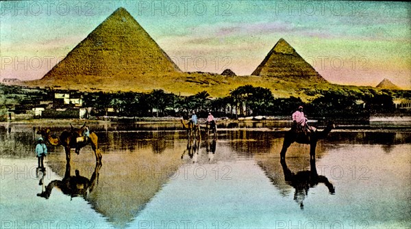 The pyramids in Egypt. Old autochrome photograph. Mid 19th century