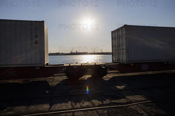 DB Cargo freight wagons stand in the port of Constanta. In the port of Constanta