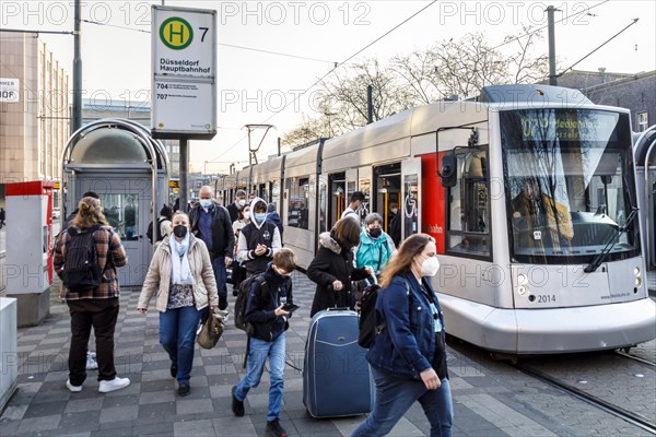 Tram stop Duesseldorf main station during rush hour