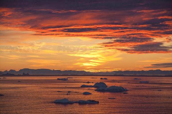 Icebergs at sunset in the Kangia Icefjord