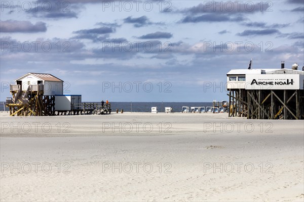 Sankt Peter-Ording beach with the typical pile dwellings