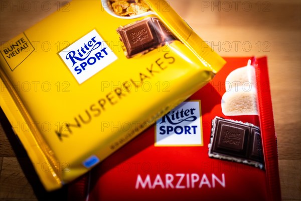 Ritter Sport chocolate packets lying on a kitchen worktop in Berlin